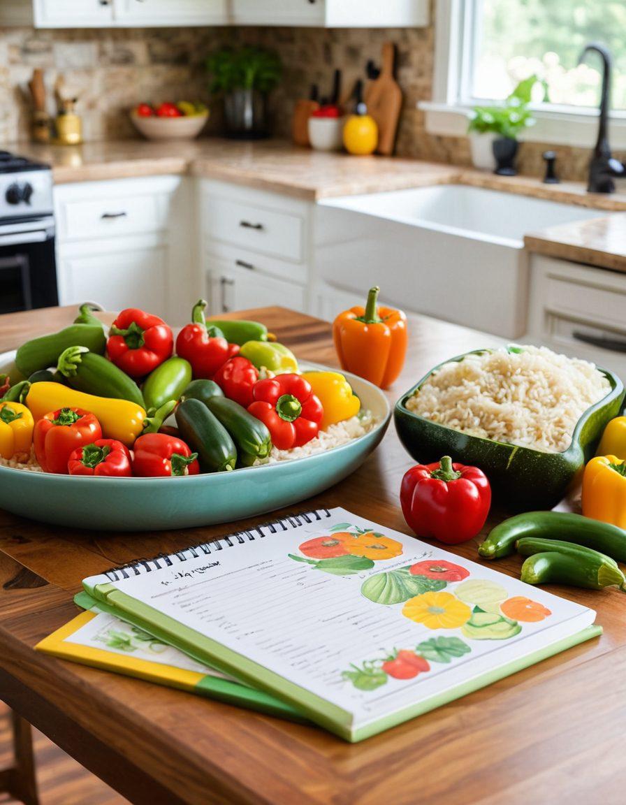 A vibrant kitchen scene filled with fresh, low FODMAP ingredients like zucchini, bell peppers, and rice, arranged on a wooden table. In the background, a beautifully plated meal, demonstrating simple meal planning techniques. A notepad with meal planning tips and a cozy atmosphere should evoke a sense of health and warmth. The composition should include bright, inviting colors to enhance the feeling of freshness and vitality. super-realistic. vibrant colors. warm tones.