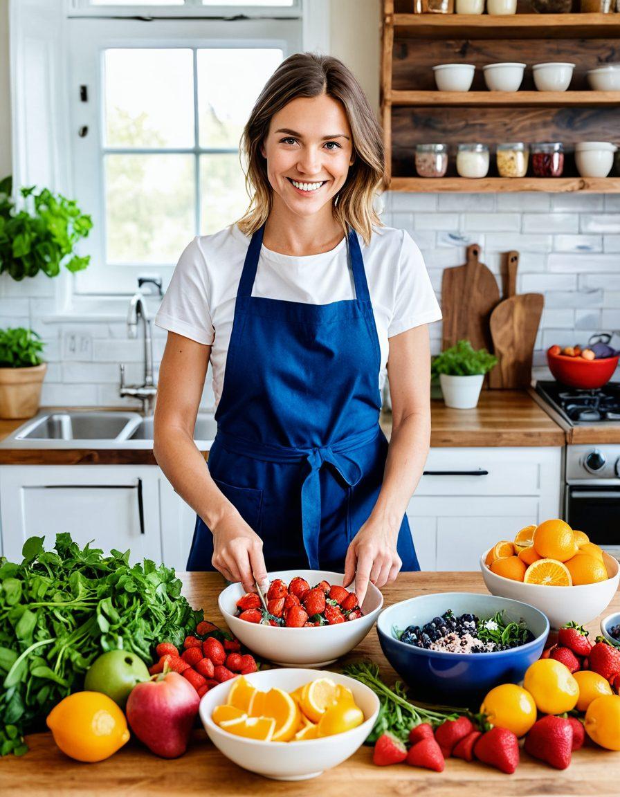 A vibrant kitchen scene featuring an array of gut-friendly foods such as colorful fruits, leafy greens, quinoa, and probiotics. Include a person joyfully preparing a meal, exuding a sense of health and wellness. Add infographics showcasing tips for mastering the IBS diet, with an inviting and warm atmosphere. super-realistic. vibrant colors. cozy ambiance.