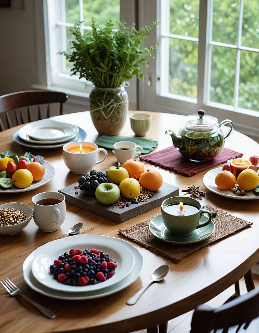 A serene dining table set with a variety of wholesome, colorful dishes showcasing IBS-friendly foods like fresh fruits, vegetables, and whole grains. Include a calming backdrop of a cozy kitchen with soft natural light pouring in, and subtle touches of herbs for an inviting feel. Infuse the scene with elements of mindfulness, such as a meditation stone and a fresh herbal tea cup. super-realistic. vibrant colors. soft natural lighting.
